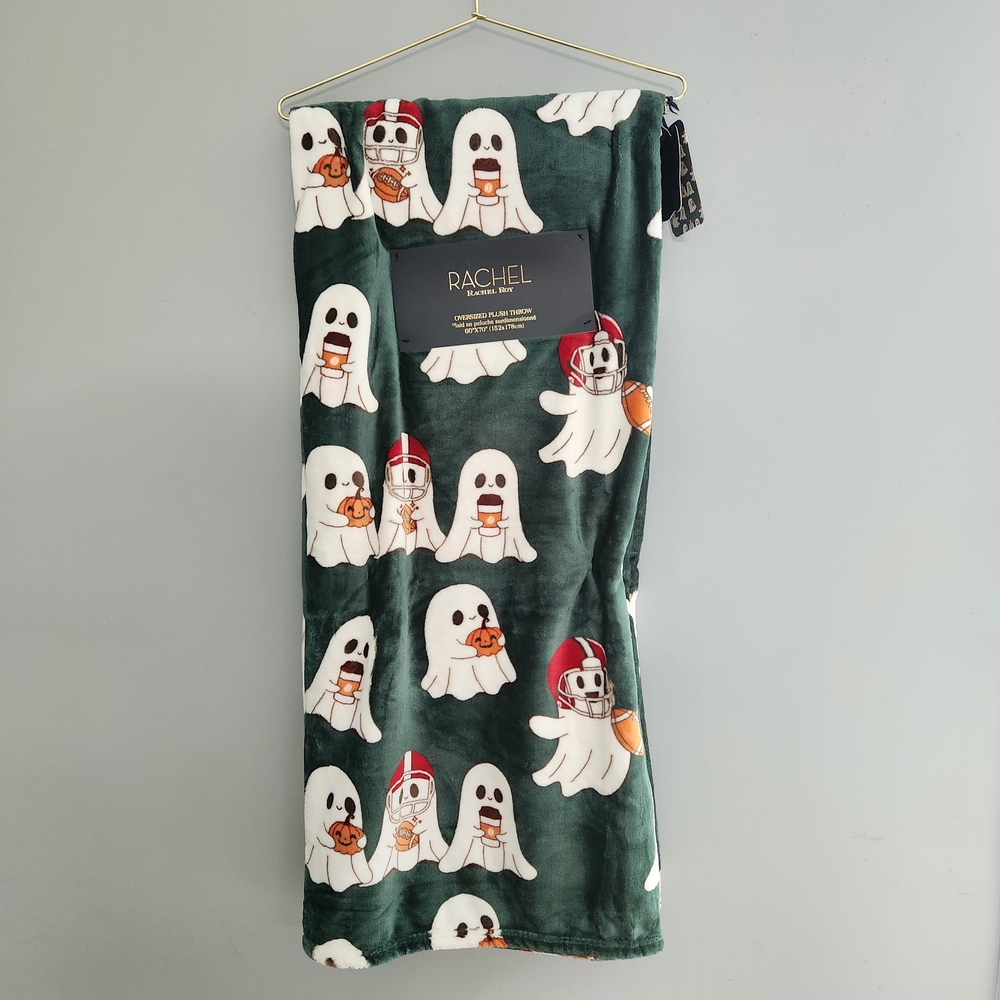 Rachel Dark Green Ghost Football Fall Pumpkin Plush Throw Blanket NWT